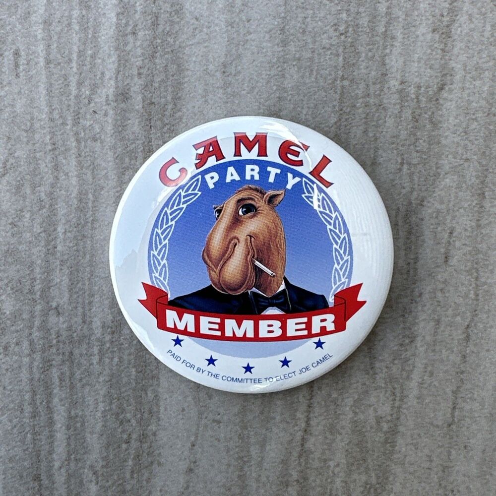 Vintage Camel Cigarette Button Pin Camel Party Member Elect Joe Camel Parody